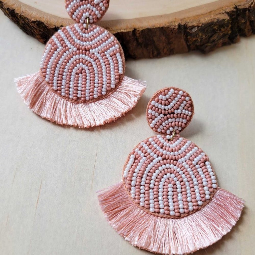 Pink White Fringe Geometric Boho Earrings